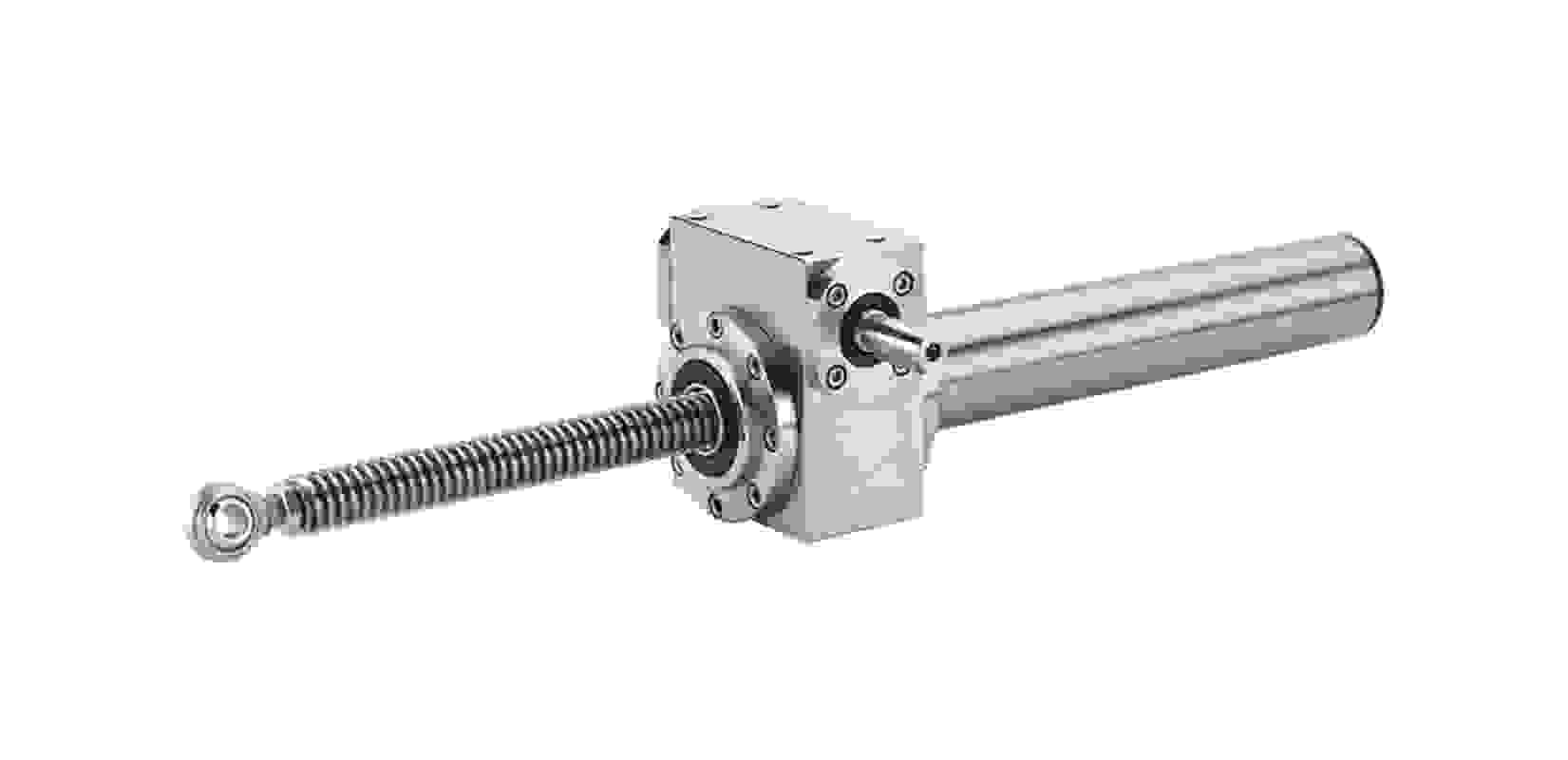 A worm gear screw jack with rotating ball screw spindle on transparent background