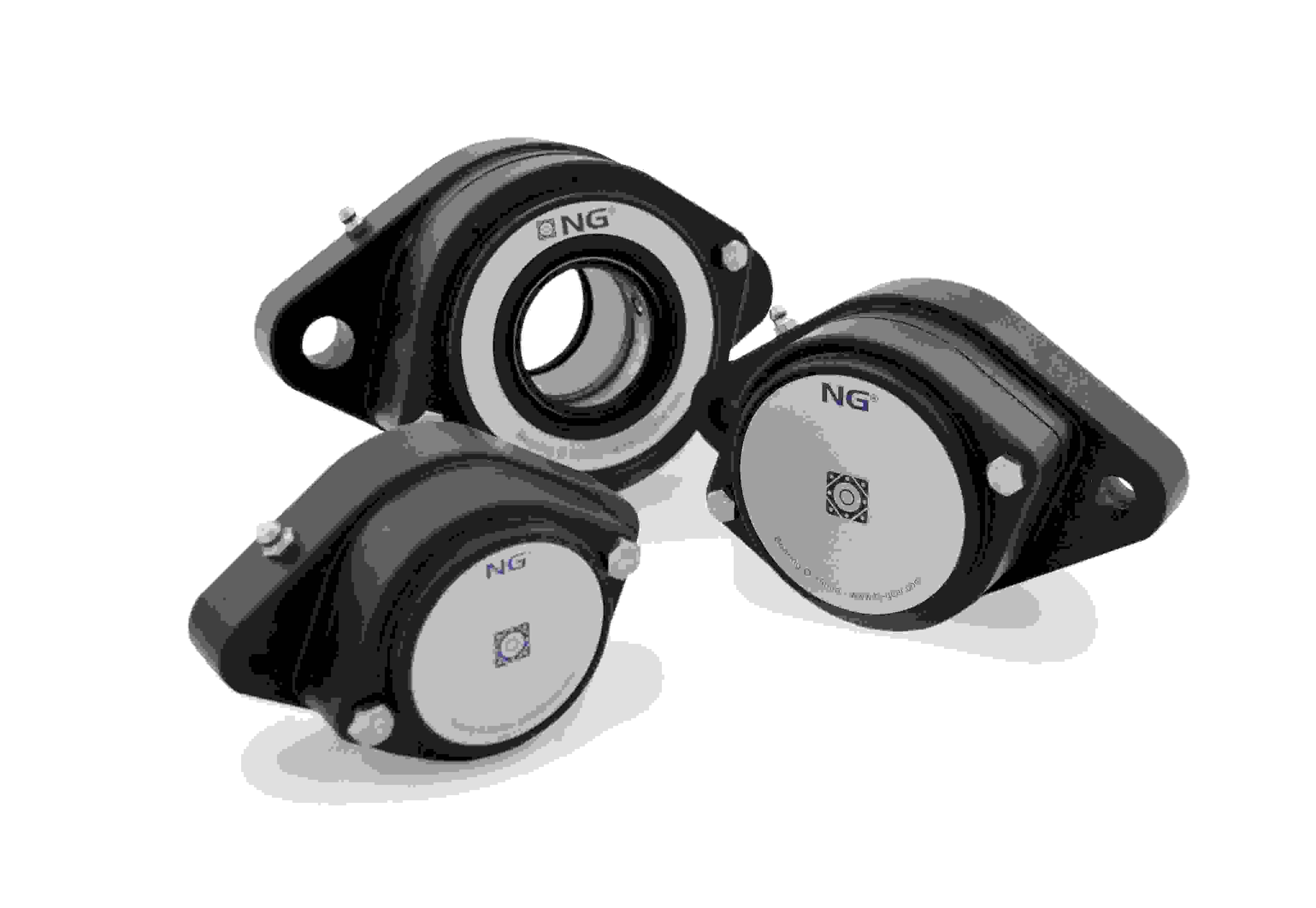 Three F2 2-bolt flange bearings with open and closed covers on transparent background