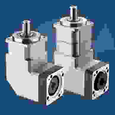 Two planetary gearheads with right angle on a blue background 