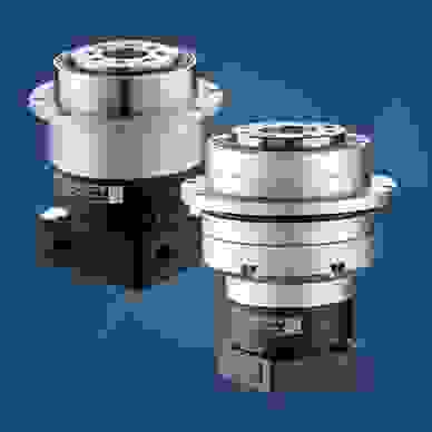 Two planetary gearheads  with output flange on a blue background