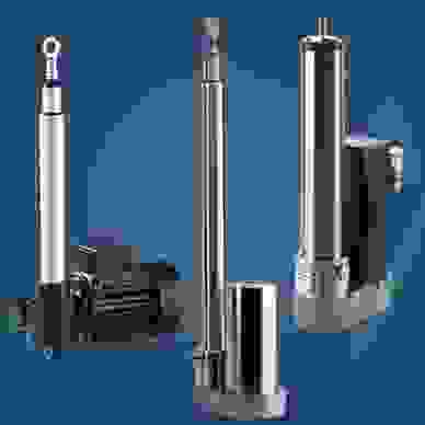 Three different linear actuators on a blue background
