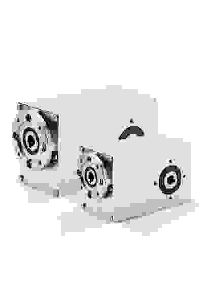 Two helical bevel gearboxes on transparent background
