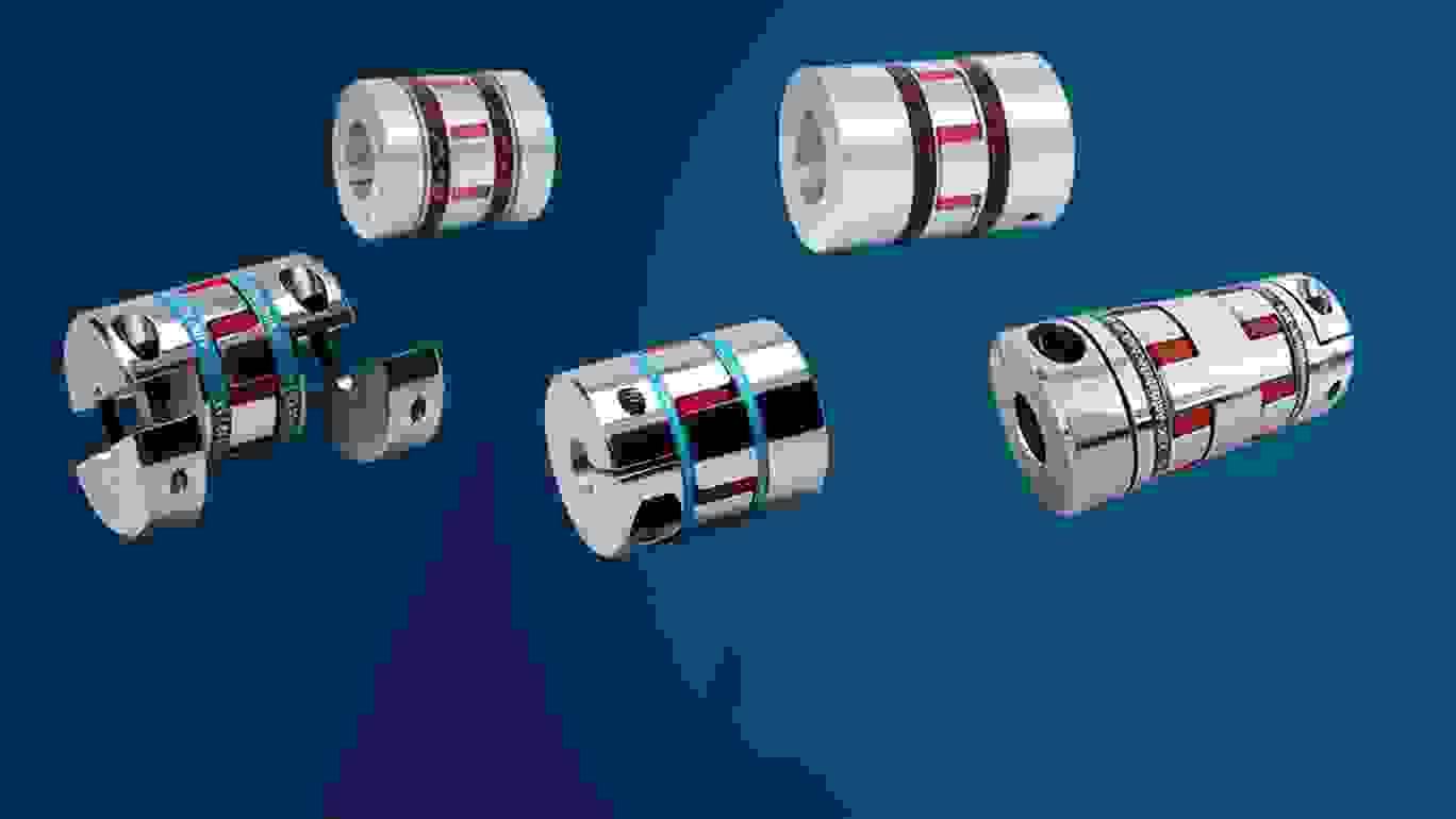 Five different types of claw and servo couplings on blue background 
