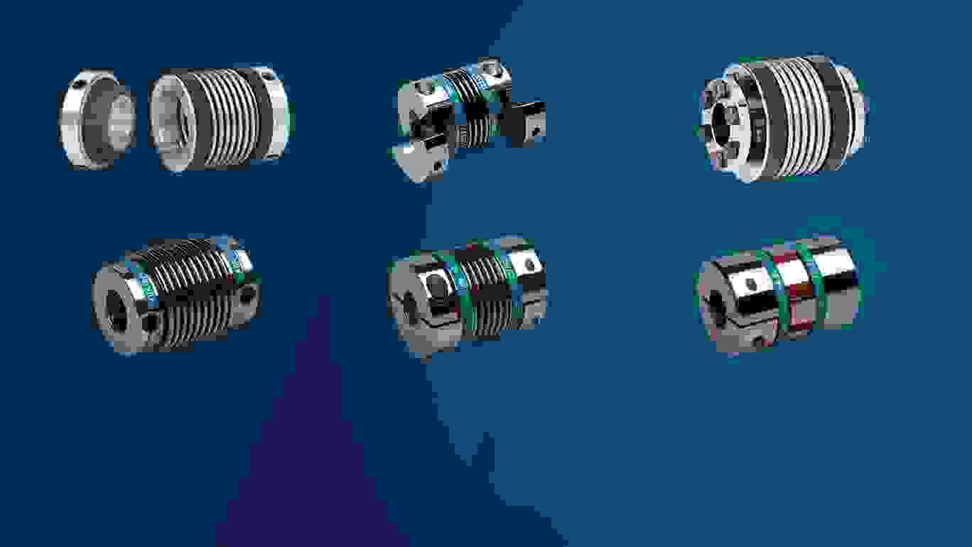 Six different metal bellow couplings on blue background 