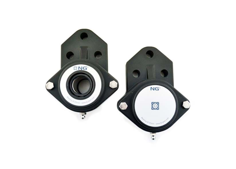 Two F3 3-bolt flange bearings  with open and closed covers on transparent background