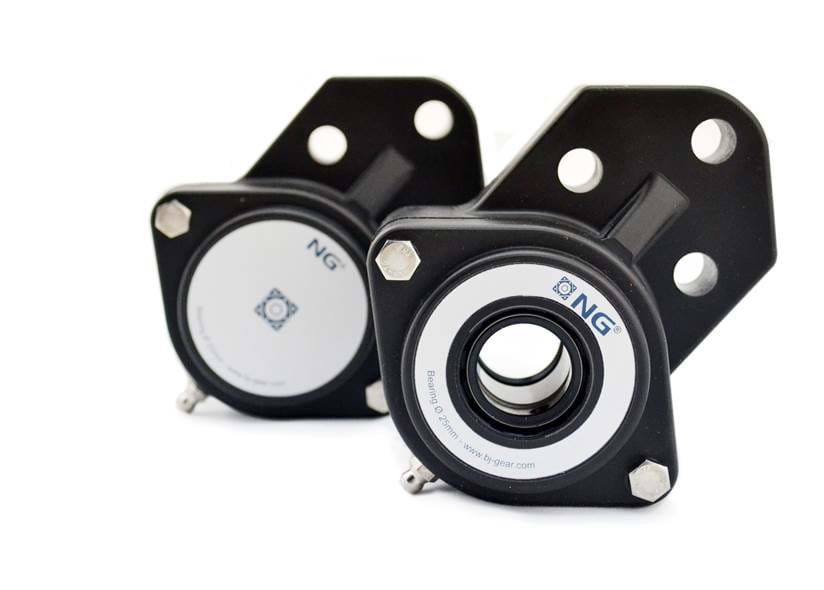 Two F3 3-bolt flange bearings with open and closed covers on transparent background
