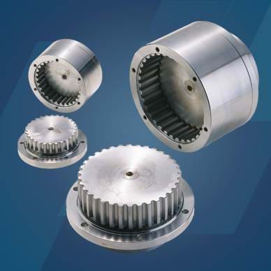  Two steel gear tooth couplings on a blue background