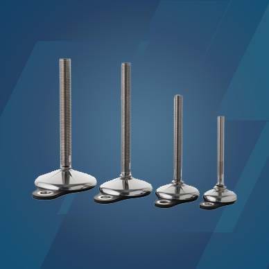  Stainless steel levelling feets in different sizes on a blue background