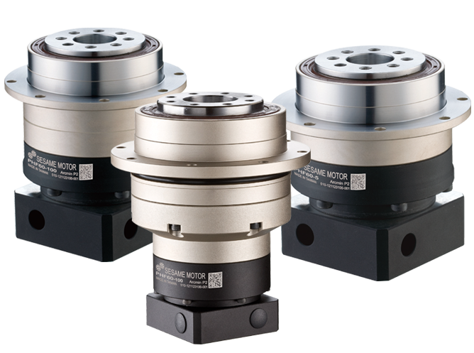 Three planetary gearheads with output flange from PHF Series on a transparent background