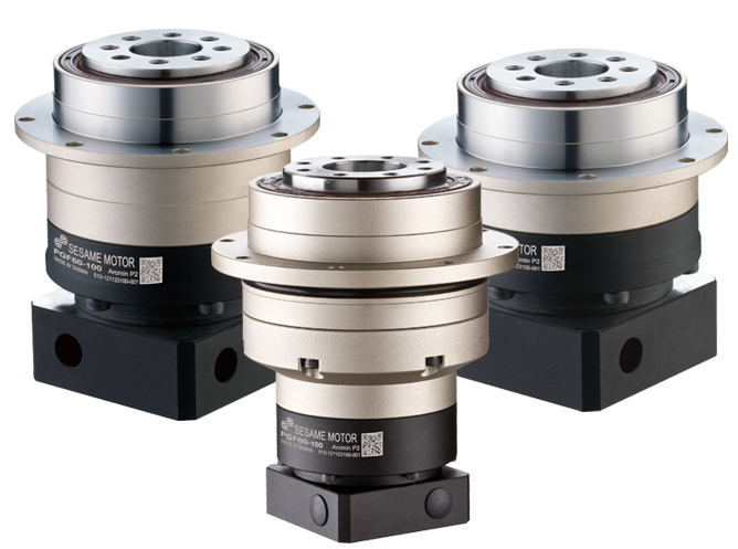 Three planetary gearheads with output flange from PHFR Series on a transparent background