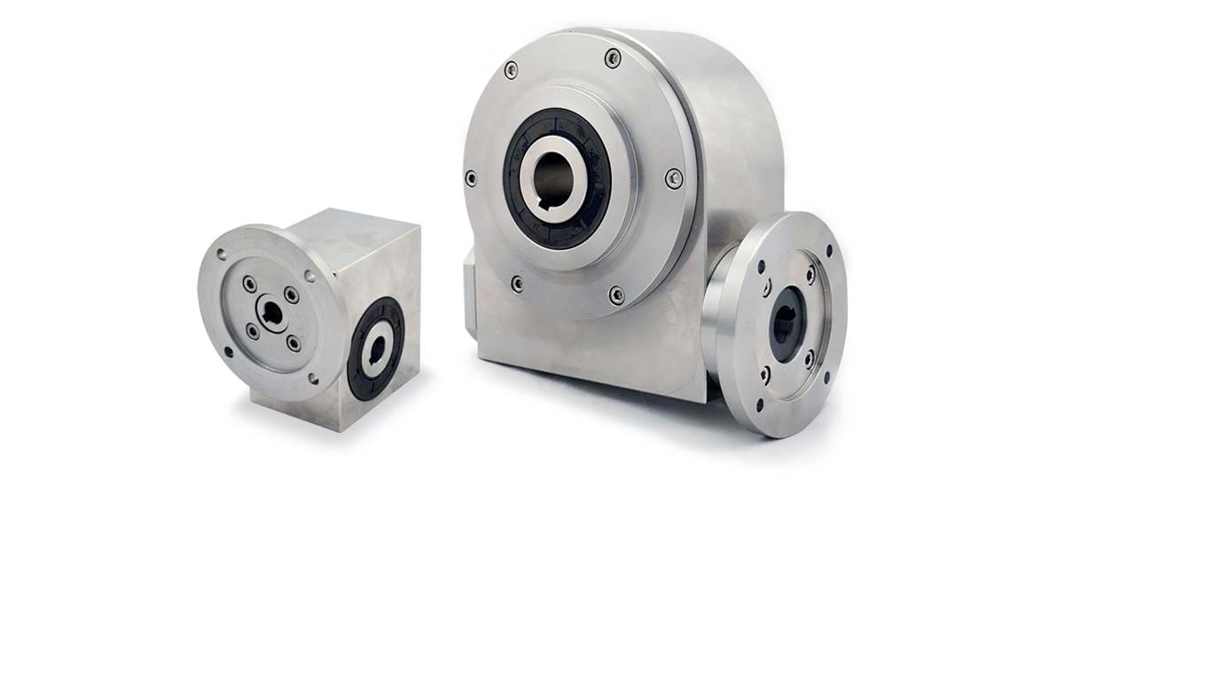 Stainless steel gearboxes on white background