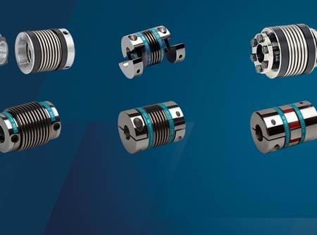 Six different metal bellow couplings on blue background