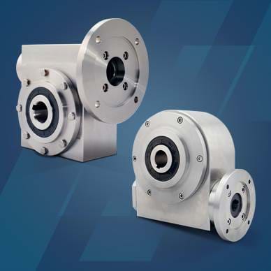 Two STANDARD worm gearboxes in stainless steel on a blue background 